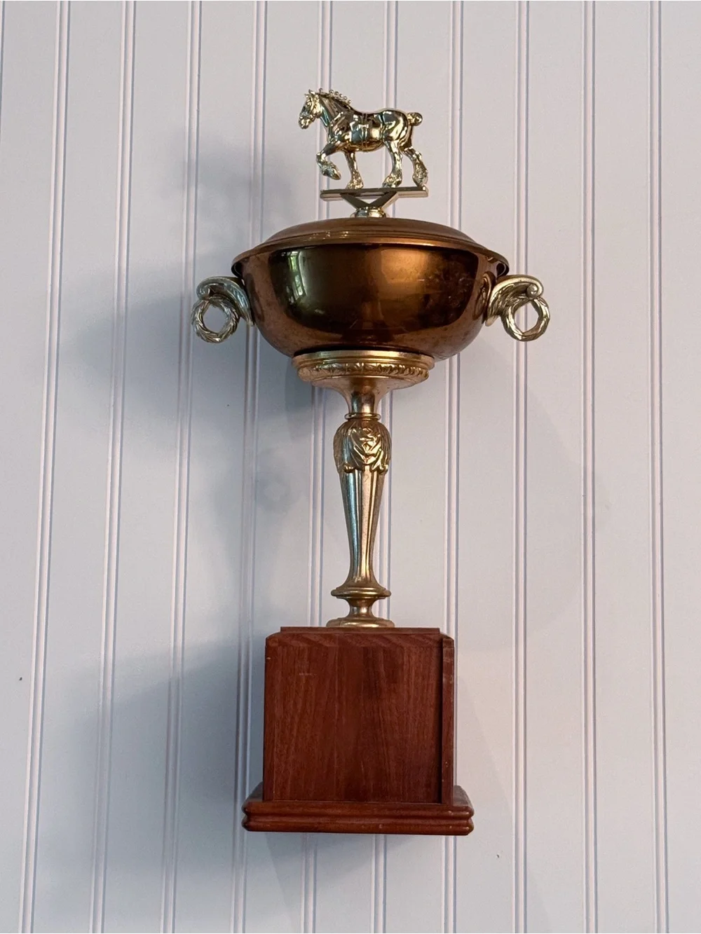 Vintage Brass Equestrian Trophy Urn with Horse Finial